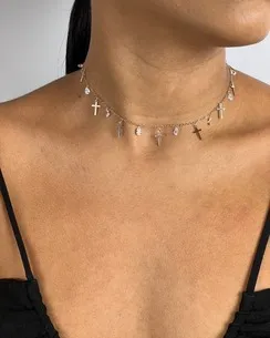 GARGANTILHA GOTAS DE ZIRCONIA E CRUZ