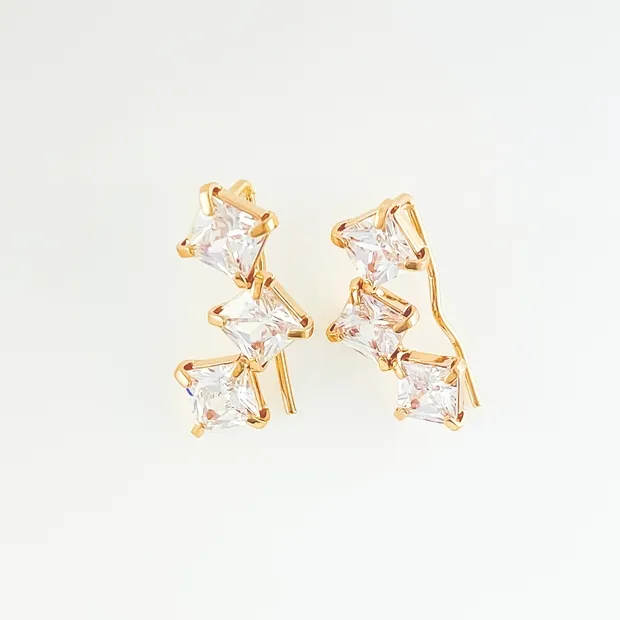 BRINCO EAR CUFF TRES PEDRAS QUADRADA ZIRCONIA