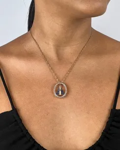 PINGENTE OVAL NOSSA SENHORA CRAVEJADA AZUL