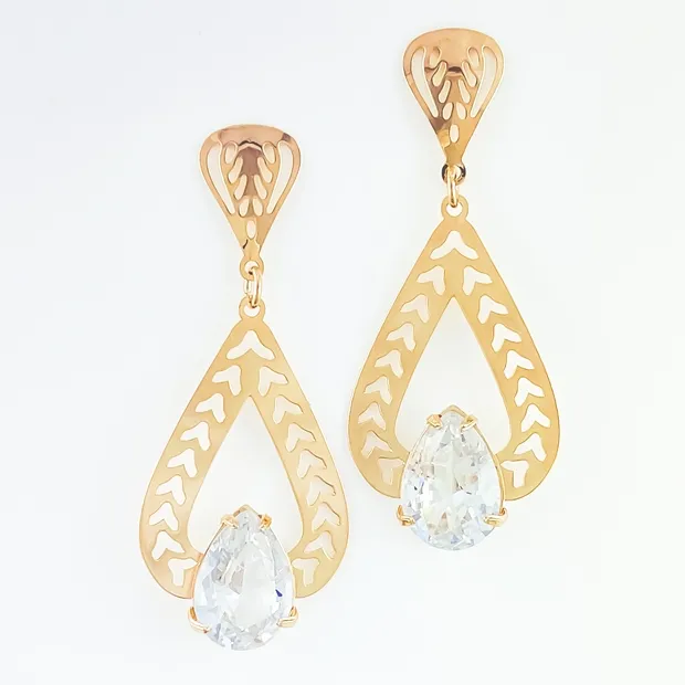 BRINCO LISO VAZADO COM ZIRCONIA GOTA NA PONTA