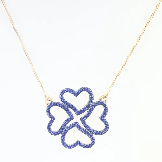 GARGANTILHA TREVO CRAVEJADO MICRO ZIRCONIA AZUL