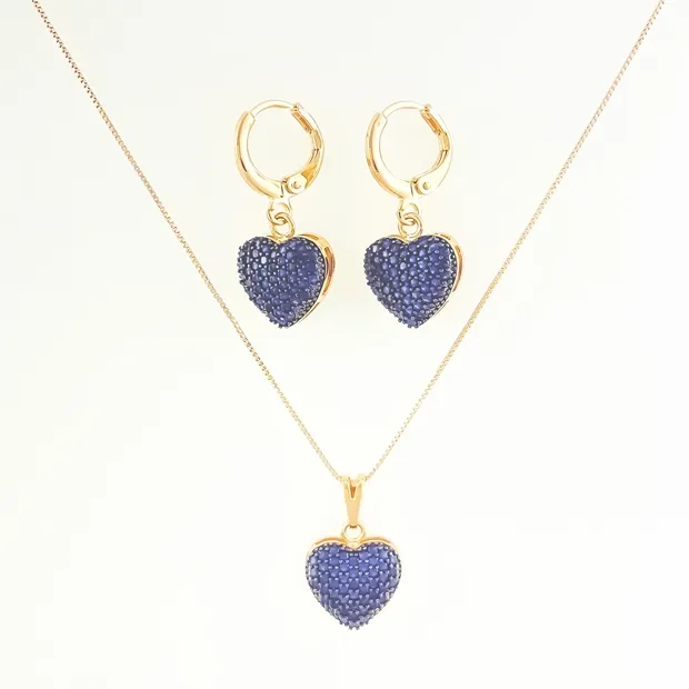 CONJUNTO TRANQUETA CORACAO CRAVEJADO ZIRCONIA AZUL