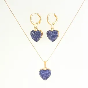 CONJUNTO TRANQUETA CORACAO CRAVEJADO ZIRCONIA AZUL