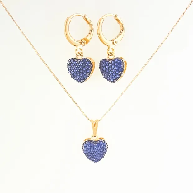 CONJUNTO TRANQUETA CORACAO CRAVEJADO ZIRCONIA AZUL