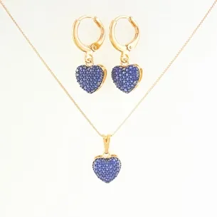 CONJUNTO TRANQUETA CORACAO CRAVEJADO ZIRCONIA AZUL