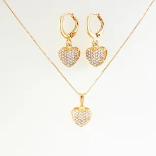 CONJUNTO TRANQUETA CORACAO CRAVEJADO ZIRCONIA CRISTAL