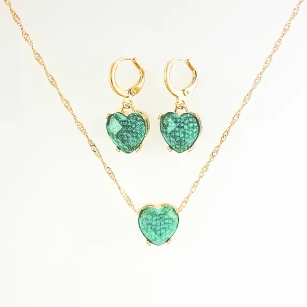CONJUNTO TRANQUETA CORACAO VERDE E MICRO ZIRCONIA