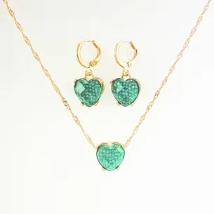 CONJUNTO TRANQUETA CORACAO VERDE E MICRO ZIRCONIA