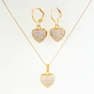 CONJUNTO TRANQUETA CORACAO CRAVEJADO ZIRCONIA CRISTAL