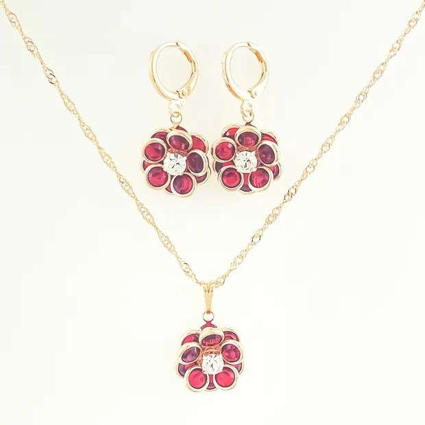 CONJUNTO TRANQUETA COM FLOR DE CRISTAIS VERMELHO