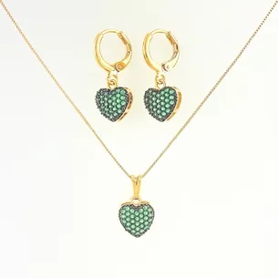 CONJUNTO TRANQUETA CORAÇÃO CRAVEJADO ZIRCONIA VERDE