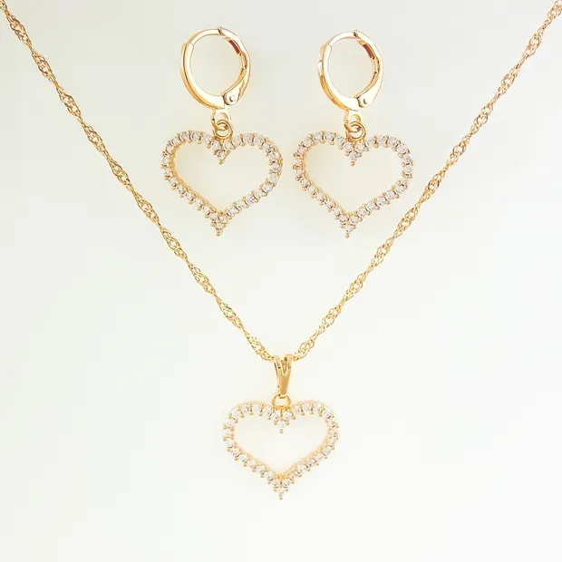 CONJUNTO TRANQUETA CORACAO CRAVEJADO ZIRCONIA
