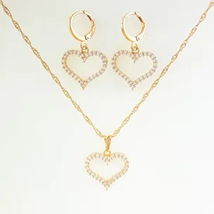 CONJUNTO TRANQUETA CORACAO CRAVEJADO ZIRCONIA