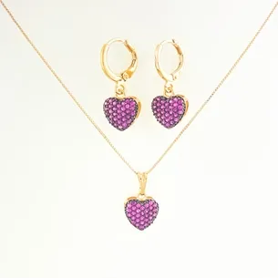 CONJUNTO TRANQUETA CORACAO CRAVEJADO ZIRCONIA PINK