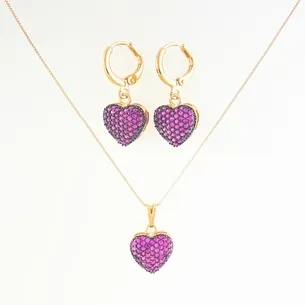CONJUNTO TRANQUETA CORACAO CRAVEJADO ZIRCONIA PINK