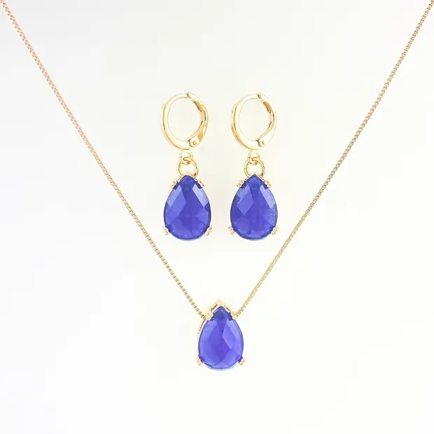 CONJUNTO TRANQUETA GOTA AZUL E MICRO ZIRCONIA